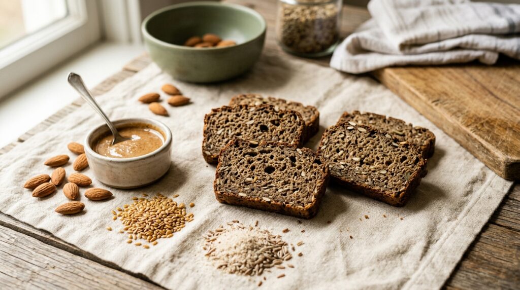 Editorial illustration of sliced almond and flax bread with almonds and almond butter; not a photograph of the Base Culture product