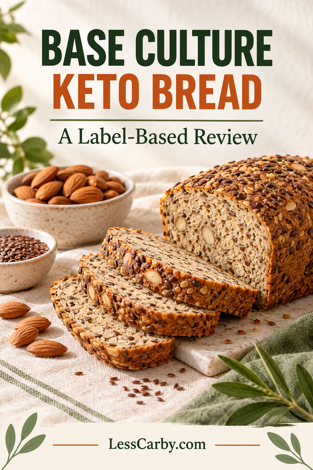 Editorial pin showing illustrated almond and flax bread with the title Base Culture Keto Bread: A Label-Based Review
