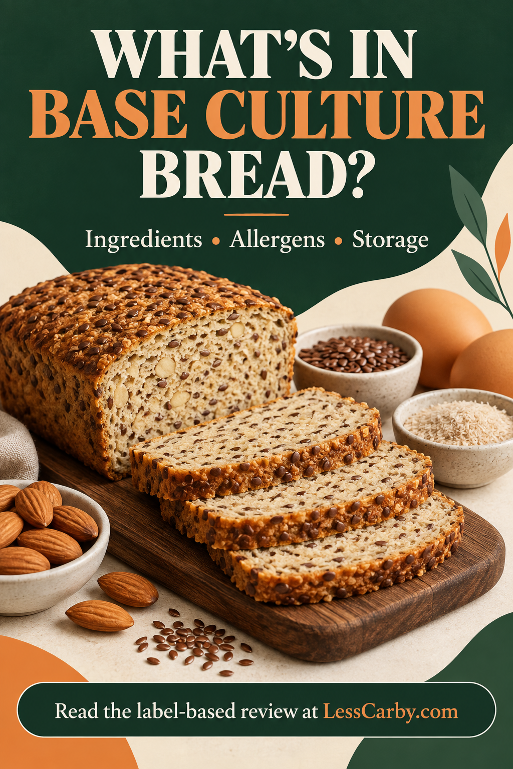 Editorial pin showing illustrated almond and flax bread, eggs and psyllium with the title What's in Base Culture Bread?
