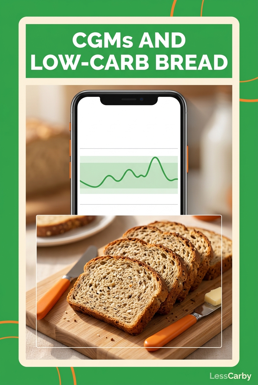 Pinterest graphic titled CGM and Low-Carb Bread beside toast, a CGM sensor, and a phone