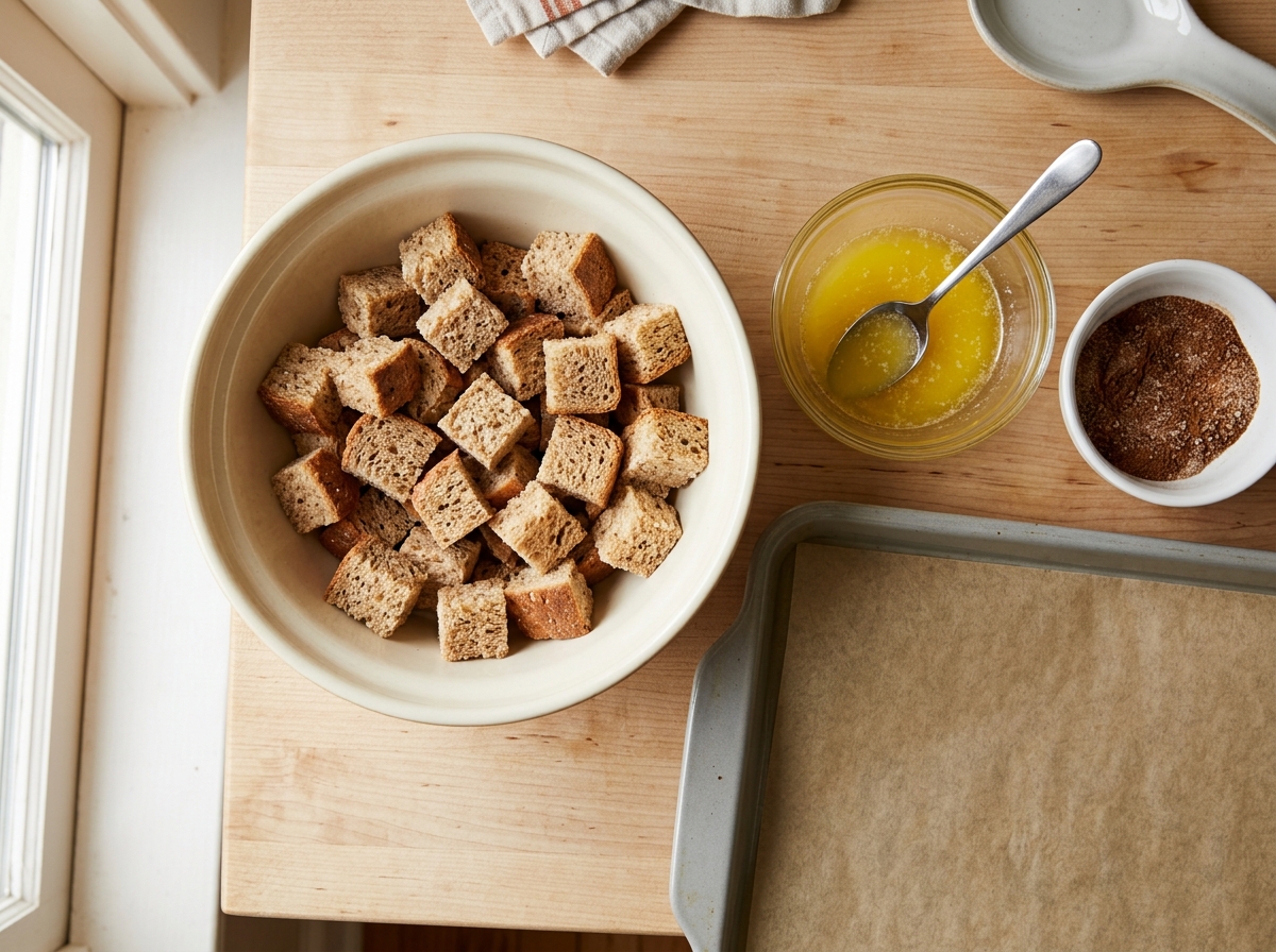 Low-carb bread pieces being coated with cinnamon sweetener before baking