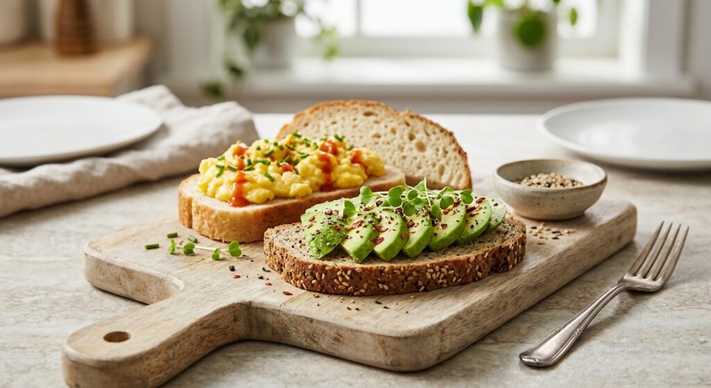 Tostadas con huevo y aguacate para comparar formas de usar el pan