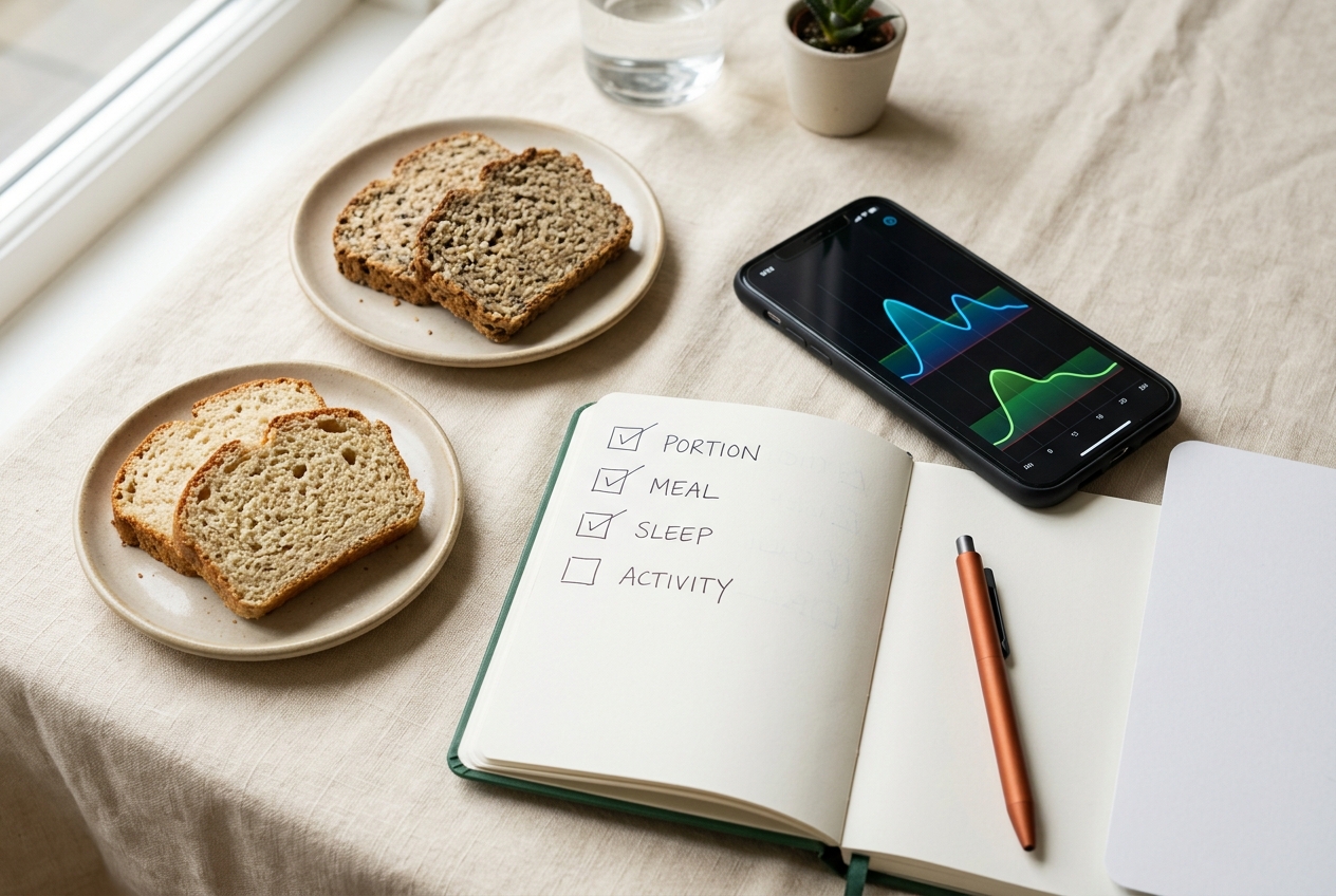 Two unbranded bread portions beside a notebook and generic CGM trend display