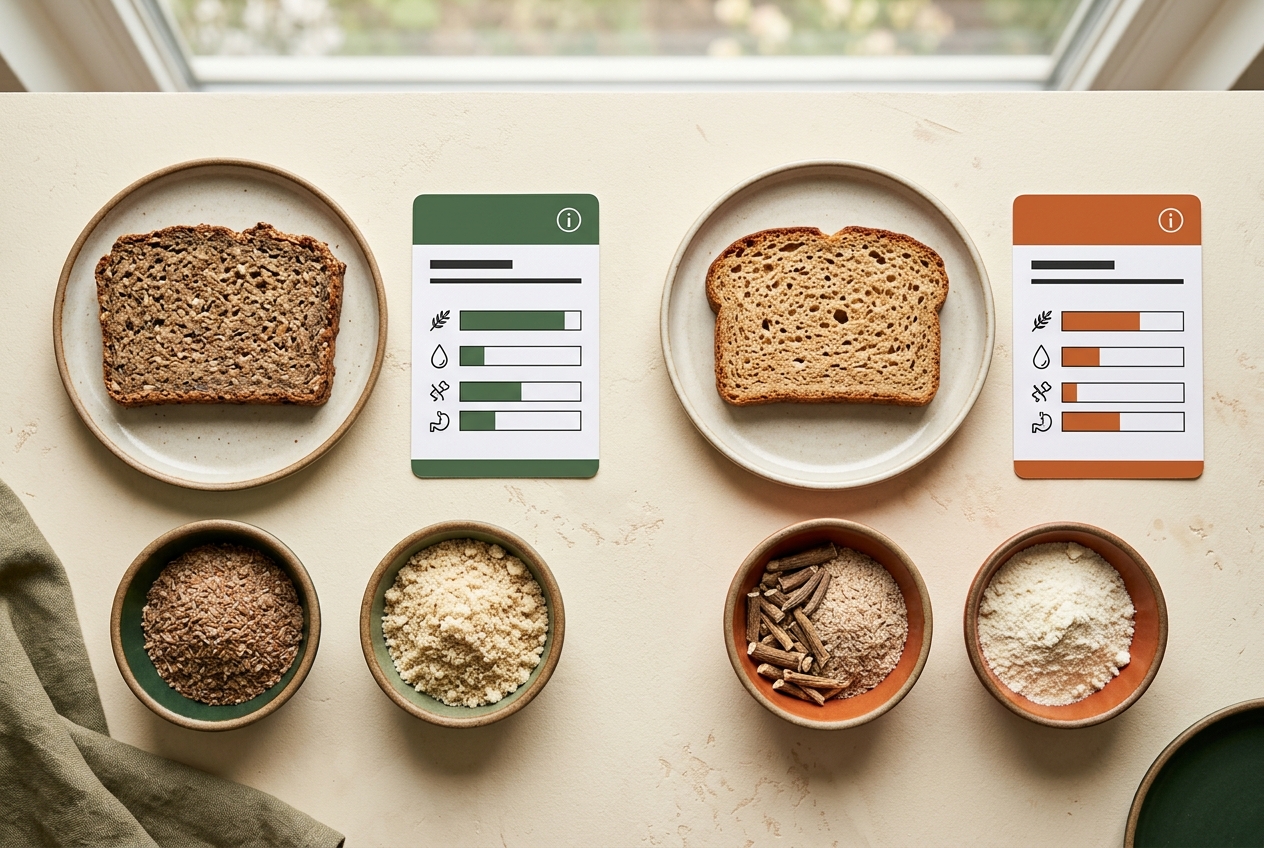 Two low-carb bread slices beside abstract nutrition labels and ingredient bowls