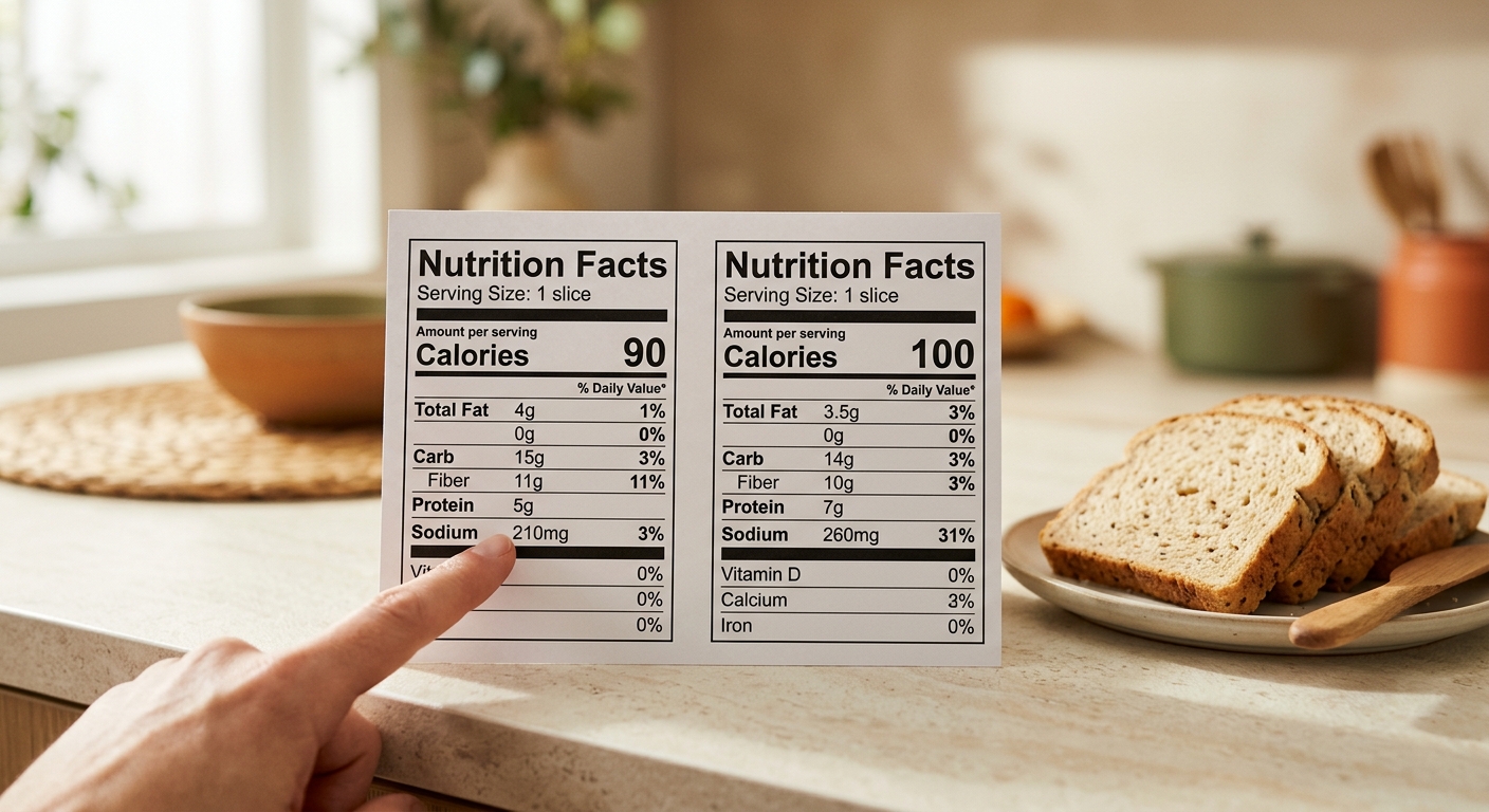 Two unbranded low-carb bread nutrition labels compared side by side with attention on the sodium row