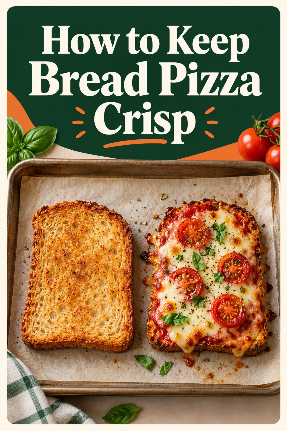 How to keep bread pizza crisp pin showing pre-toasted bread beside a finished personal pizza