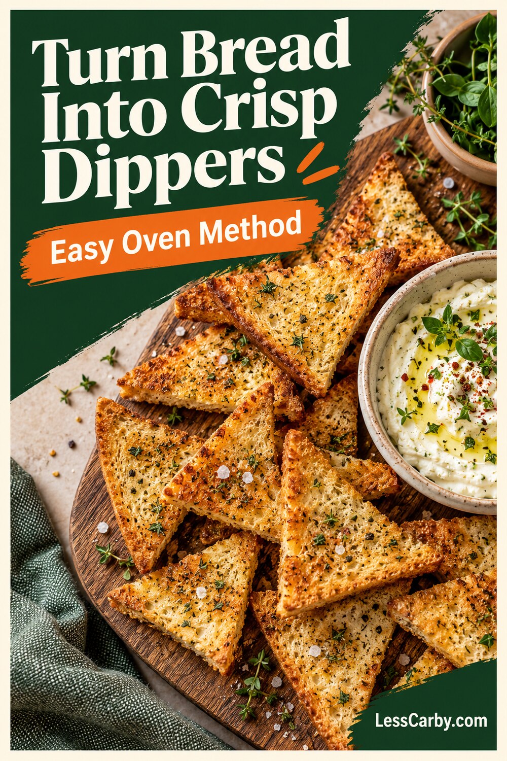 Pinterest graphic reading Turn Bread Into Crisp Dippers: Easy Oven Method