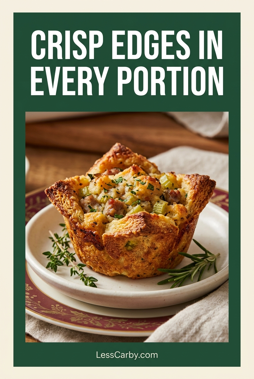 Pinterest graphic showing a crisp-edged stuffing cup with the headline Crisp Edges in Every Portion