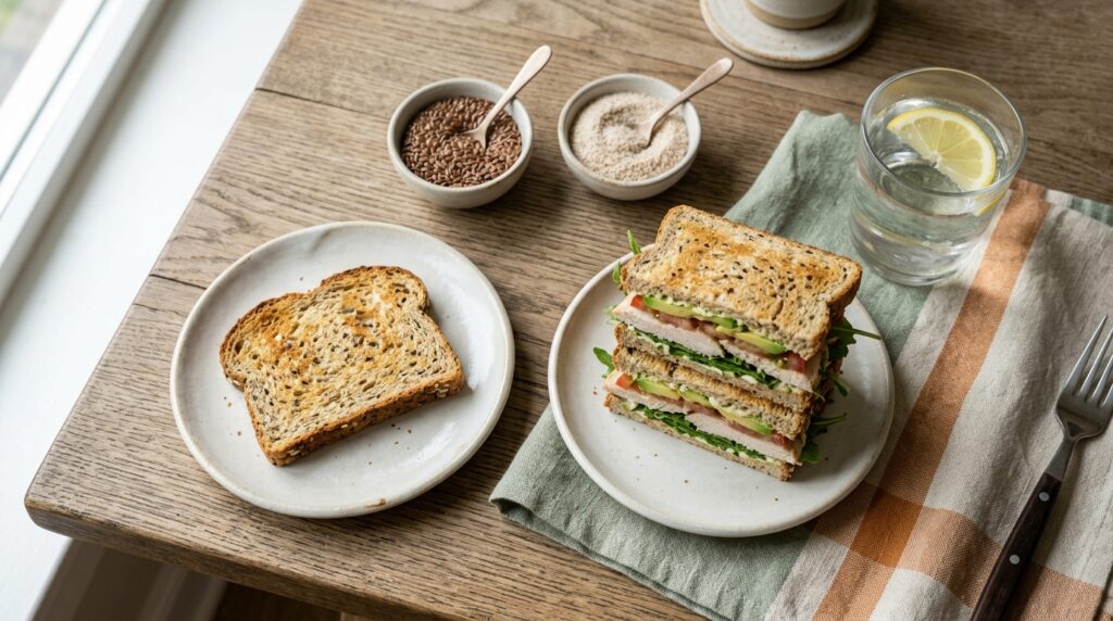 Una rebanada de pan junto a un sándwich de varias capas