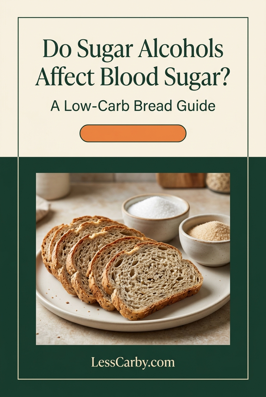 Pinterest graphic asking whether sugar alcohols affect blood sugar, with low-carb bread and sweetener bowls
