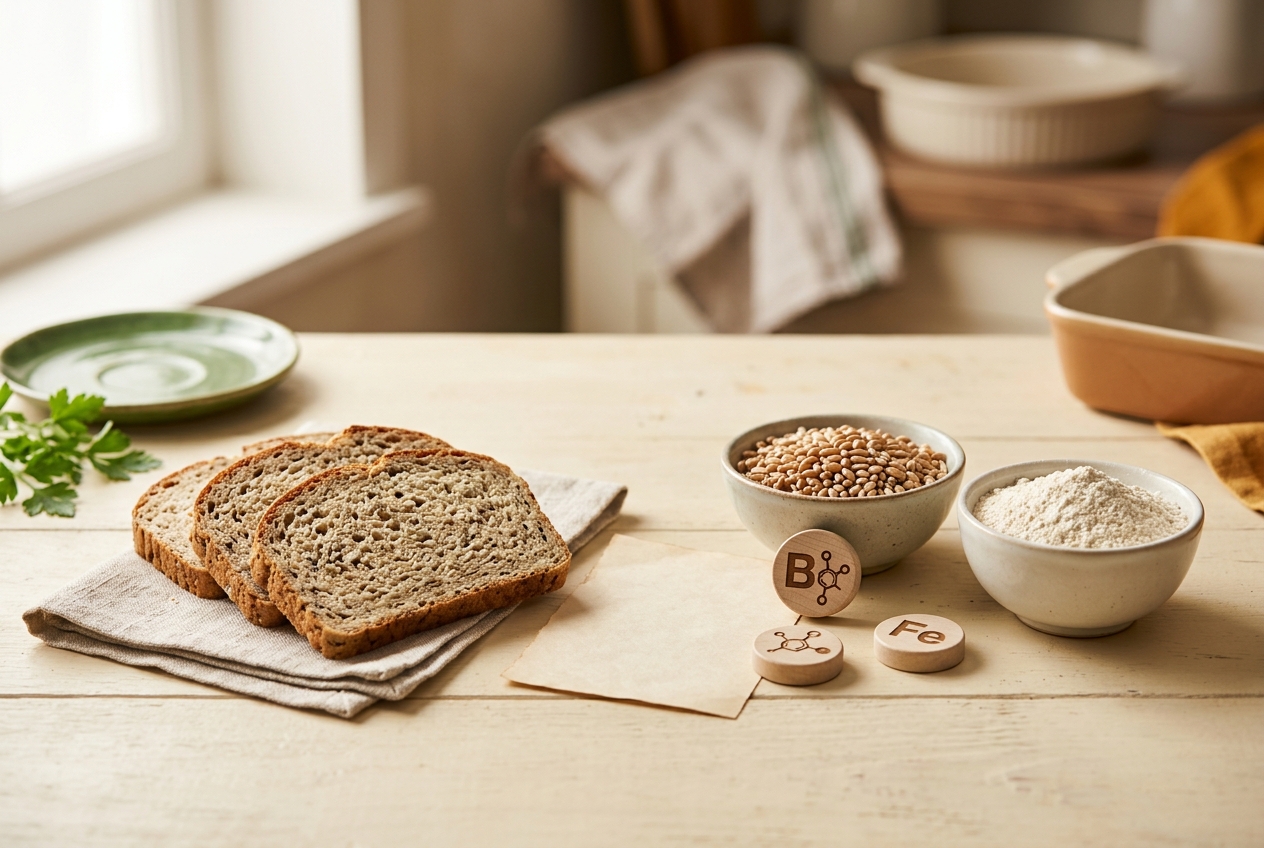 Bread slices beside a generic ingredient list and vitamin and mineral symbols