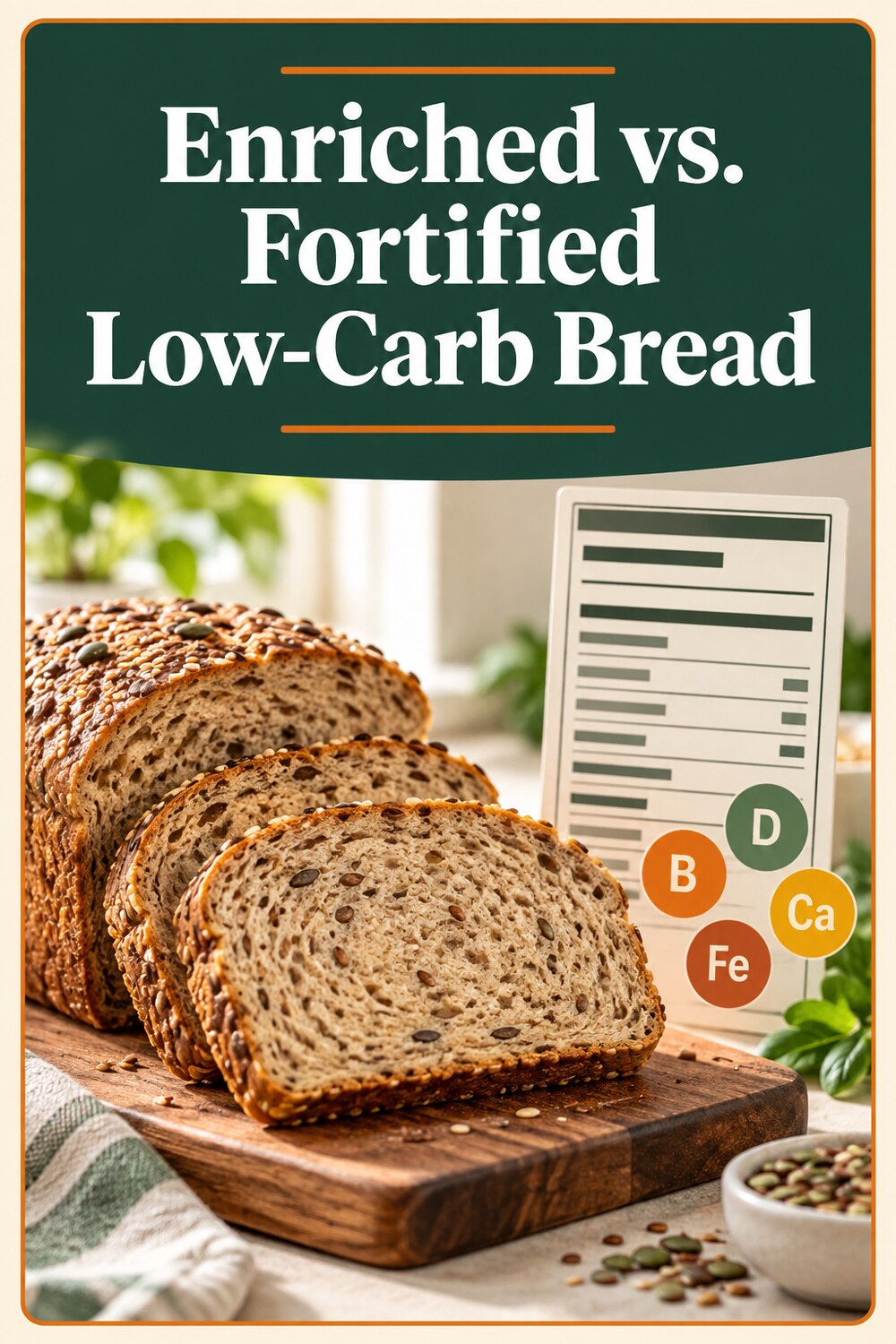 Pinterest graphic comparing enriched and fortified low-carb bread labels