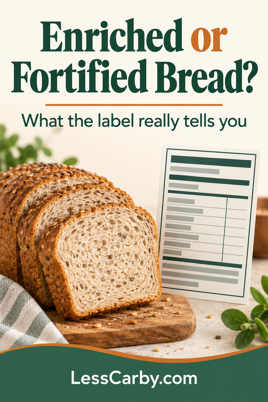 Pinterest graphic asking whether bread is enriched or fortified beside sliced bread and a generic label