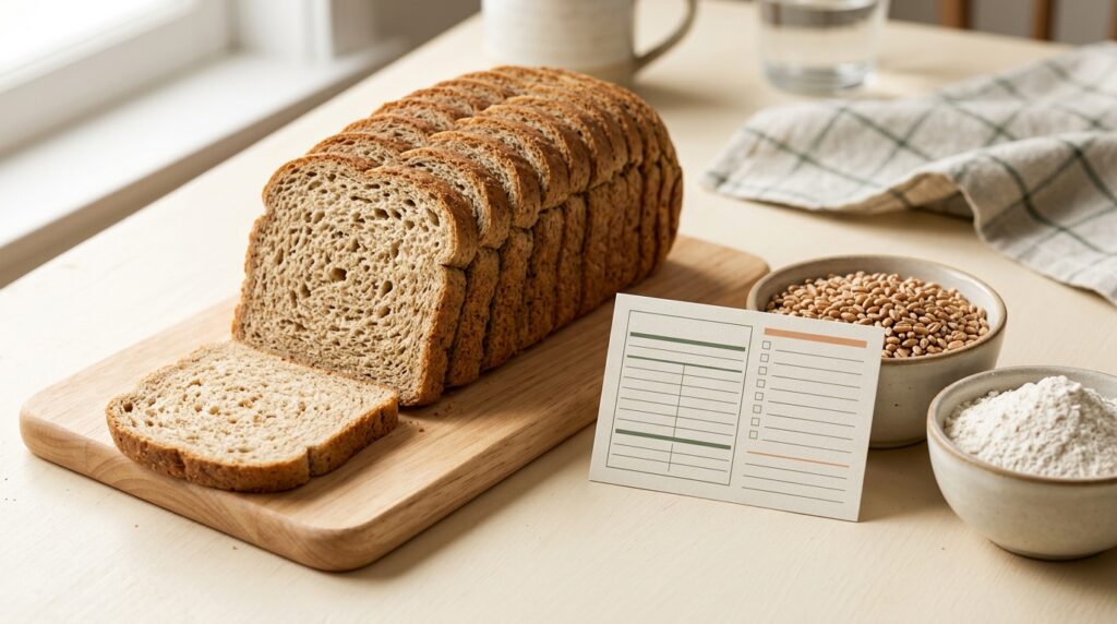 Low-carb bread slices beside a generic nutrition label and flour ingredients