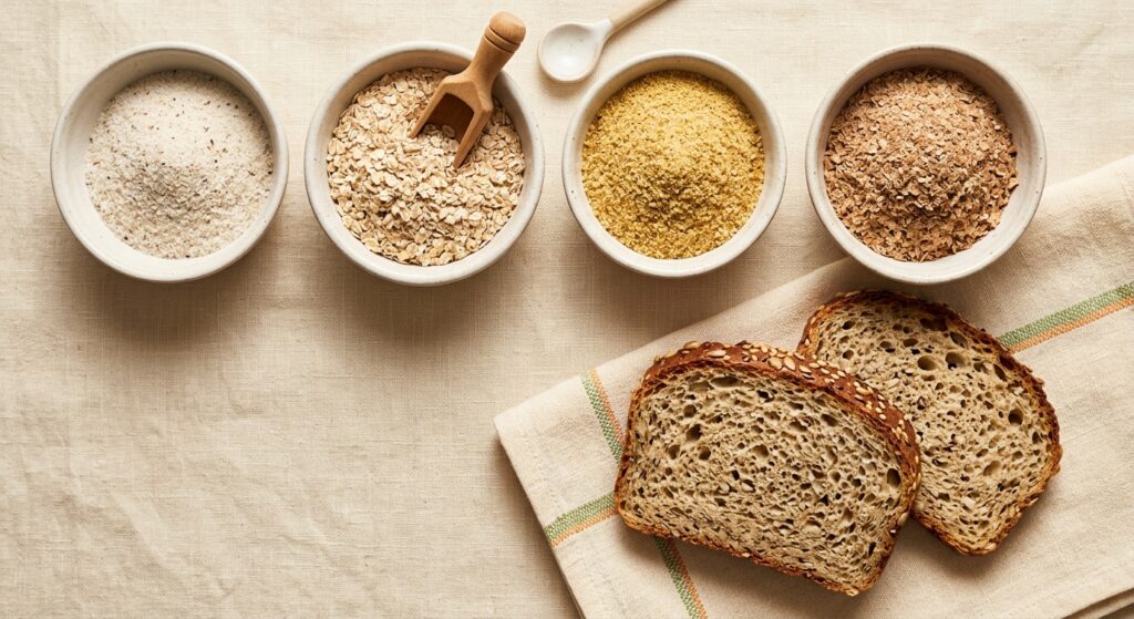 Rebanadas de pan con semillas y recipientes con ingredientes ricos en fibra