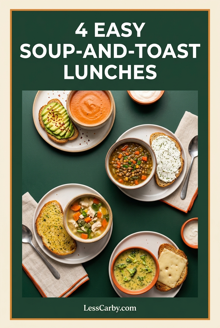 Four bowls of soup and toast with text reading 4 Easy Soup-and-Toast Lunches