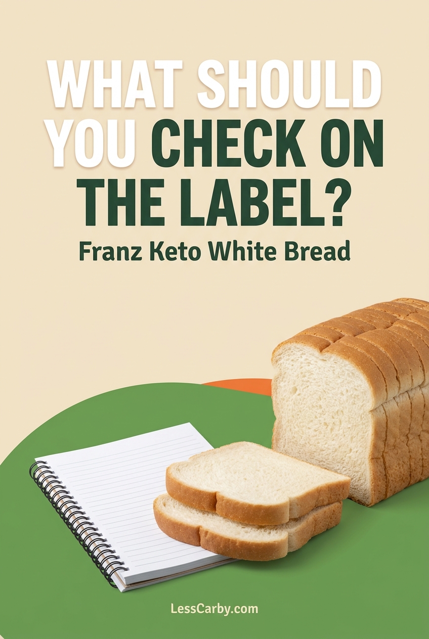 Pinterest graphic asking what shoppers should check on the Franz Keto White Bread label