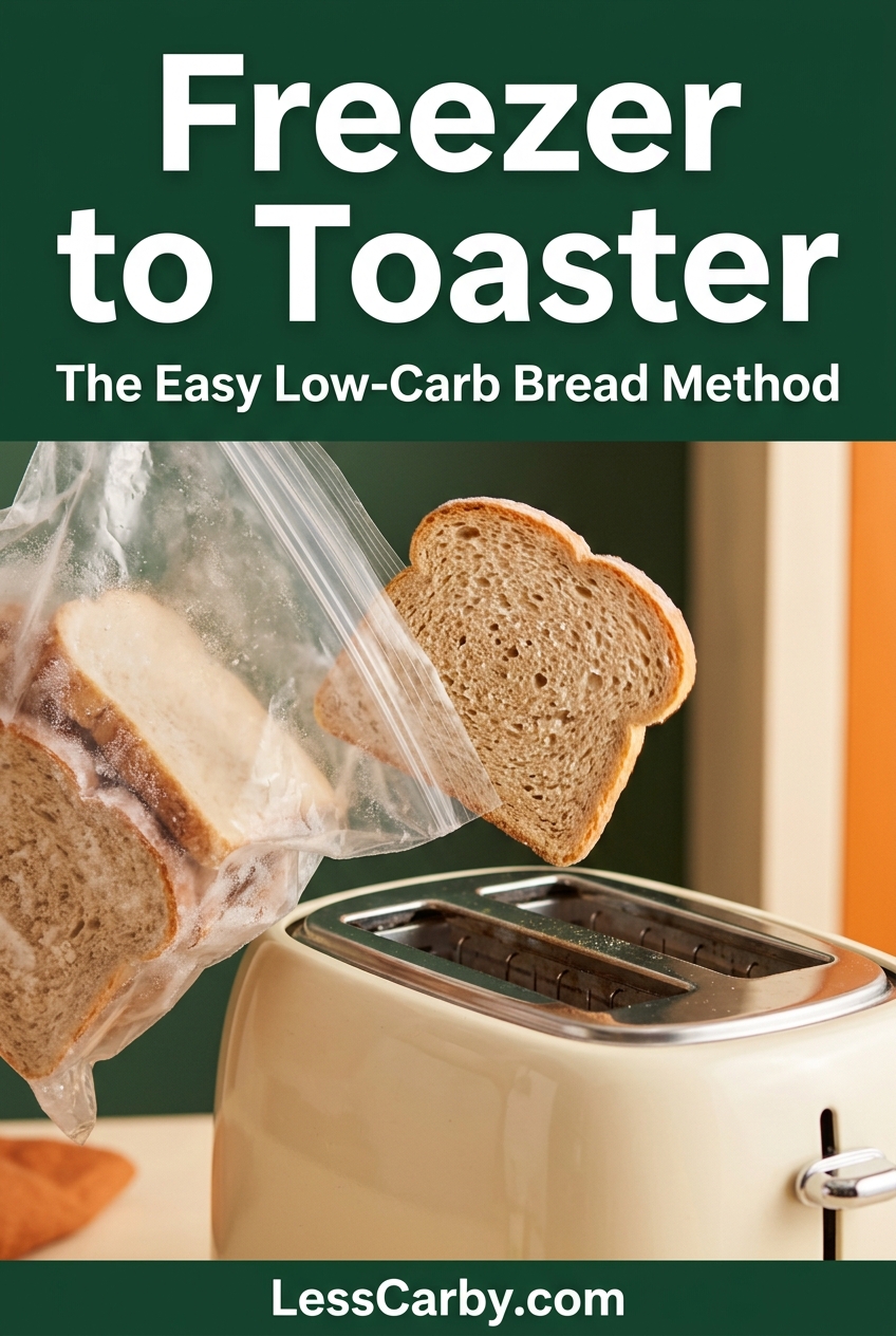 Pinterest graphic reading Freezer to Toaster, The Easy Low-Carb Bread Method