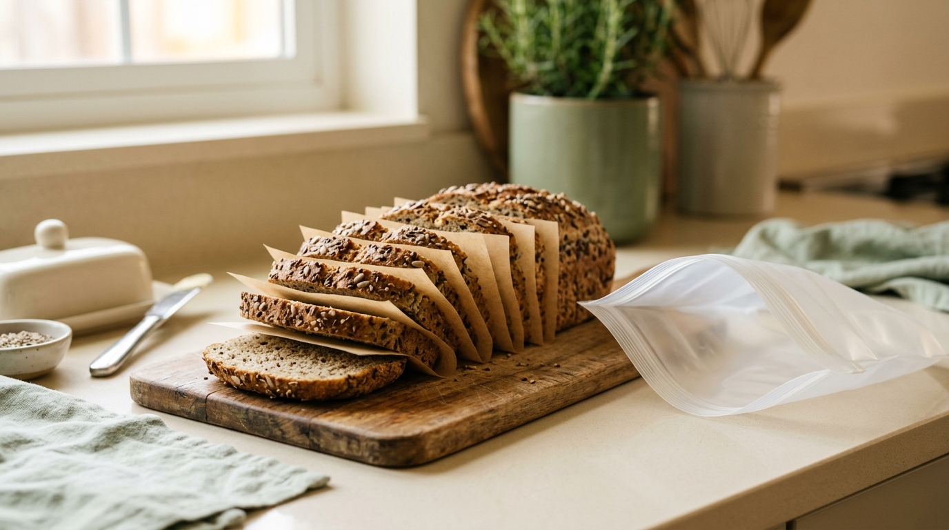 Low-carb bread slices separated with parchment before freezing