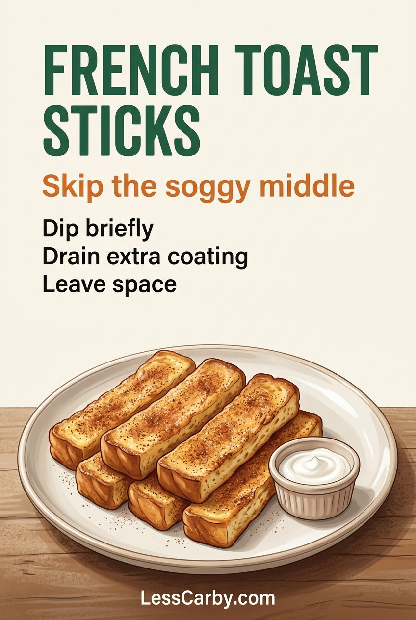 French toast sticks: dip briefly, drain extra coating and leave space.