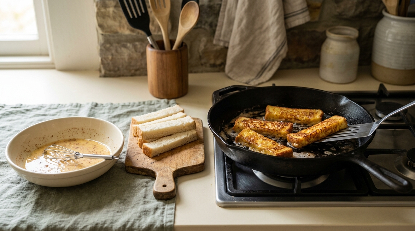 Bread strips and egg coating beside a skillet with French toast sticks spaced apart.