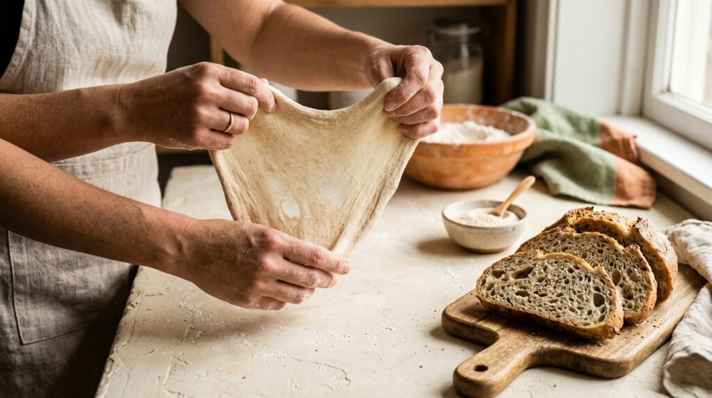 Manos estirando una masa junto a rebanadas de pan