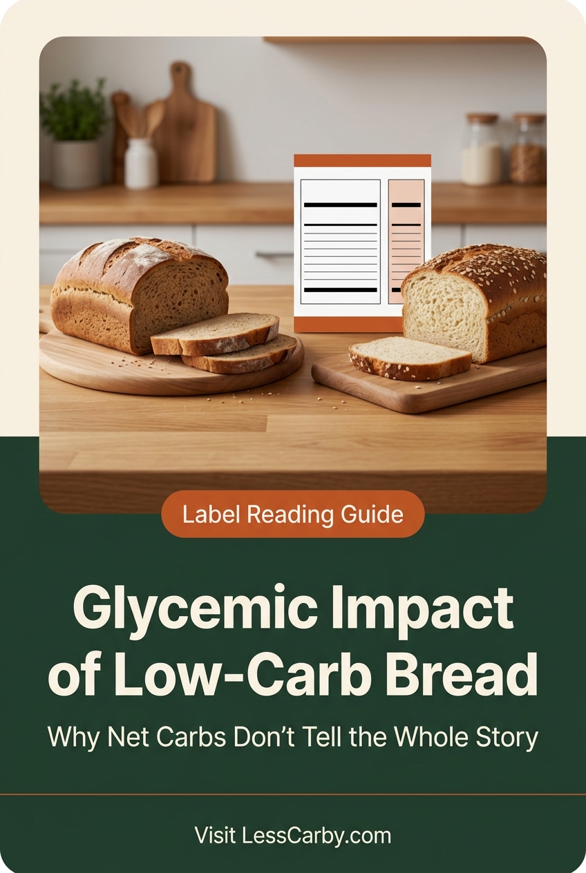 Pinterest graphic titled Glycemic Impact of Low-Carb Bread with low-carb bread and a simplified label comparison