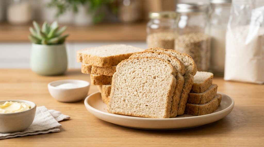 Sliced low-carb bread arranged on a neutral surface for a label-based review