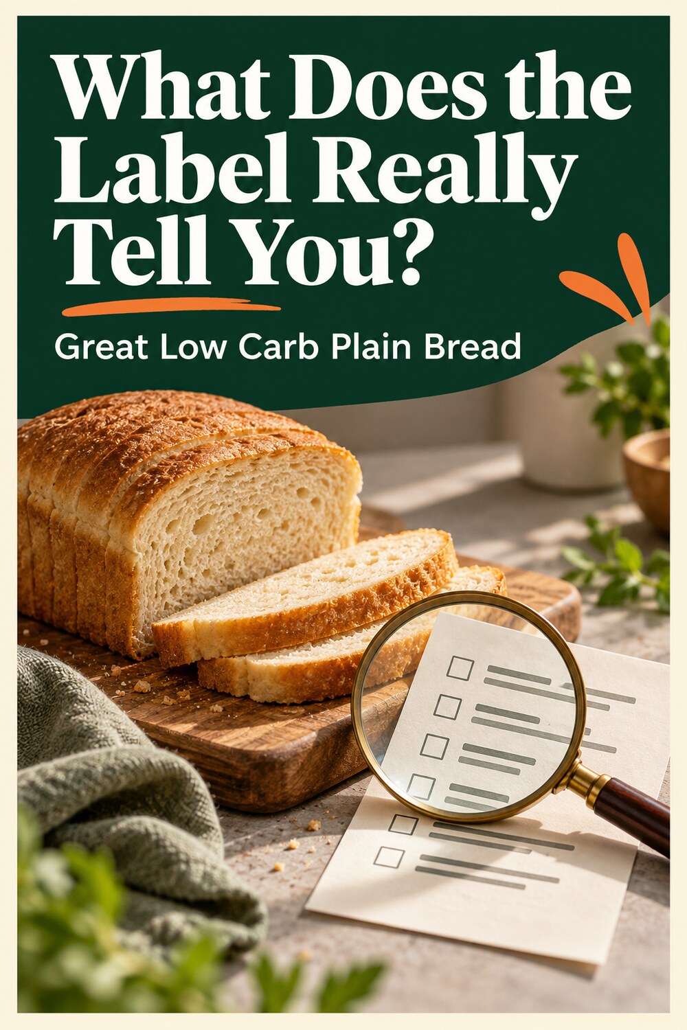 Pinterest graphic asking what the Great Low Carb Plain Bread label really tells you
