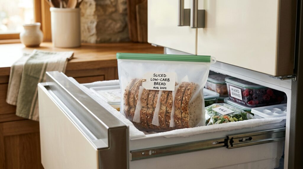 Sliced low-carb bread packaged for freezer storage on a kitchen counter