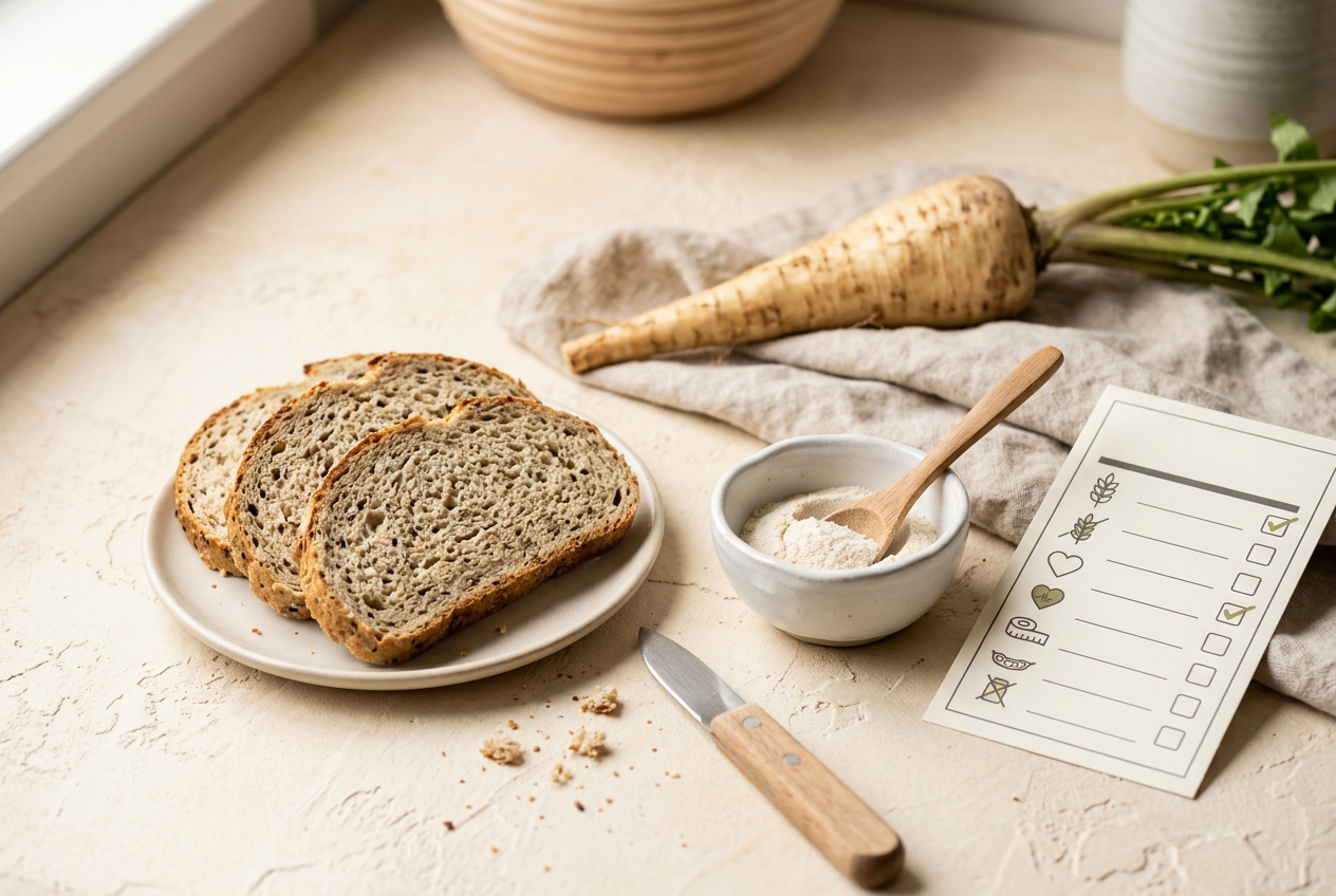Sliced low-carb bread beside chicory root and a simple ingredient-list checklist