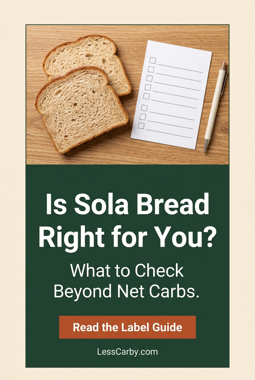 Pinterest graphic asking Is Sola Bread Right for You and what to check beyond net carbs
