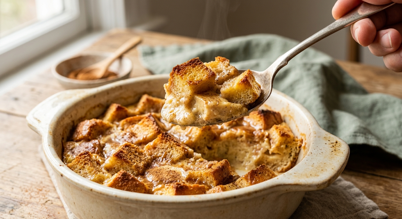 Spoon lifting warm keto bread pudding showing the custardy center and golden bread cubes