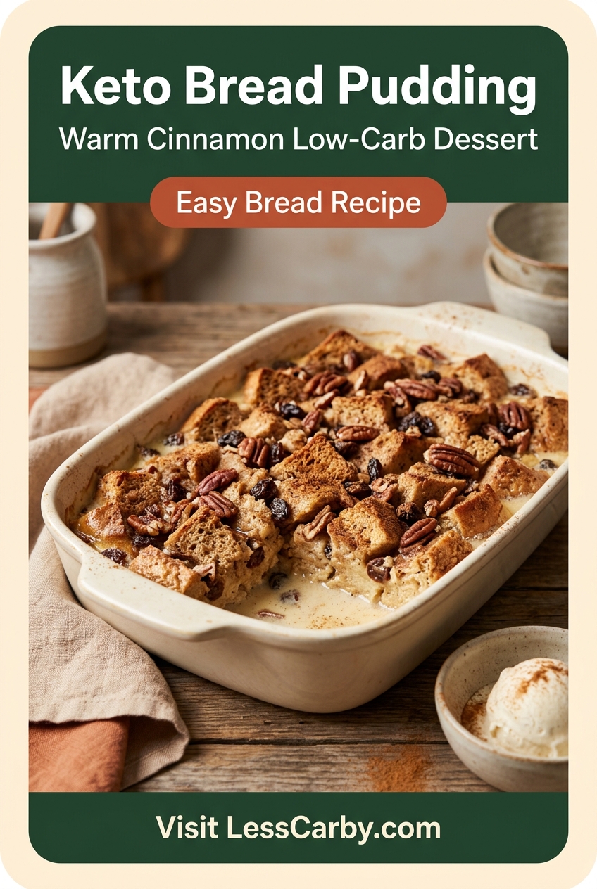 Pinterest graphic titled Keto Bread Pudding above a warm cinnamon bread pudding