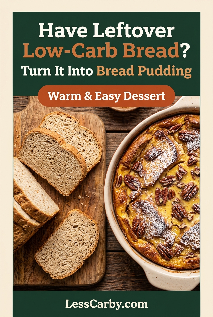 Pinterest graphic asking Have Leftover Low-Carb Bread beside bread slices and a baked bread pudding