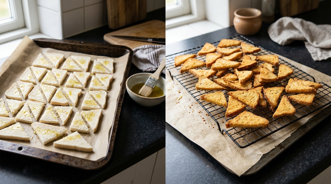 Bread triangles arranged on a baking sheet beside finished crisp bread chips