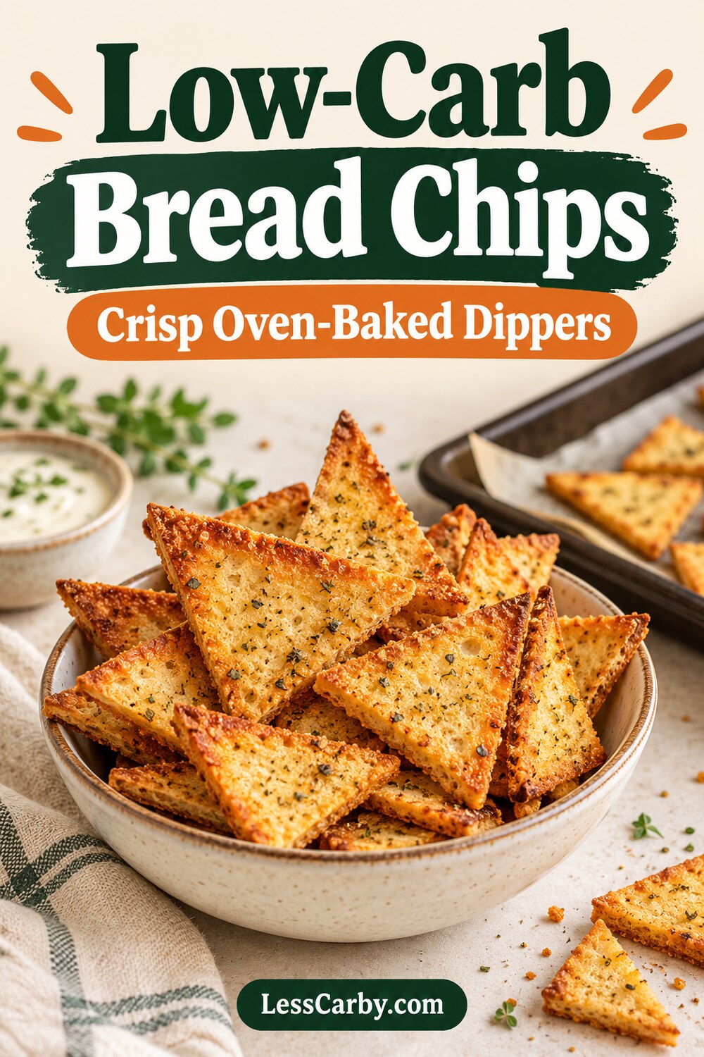 Pinterest graphic reading Low-Carb Bread Chips: Crisp Oven-Baked Dippers