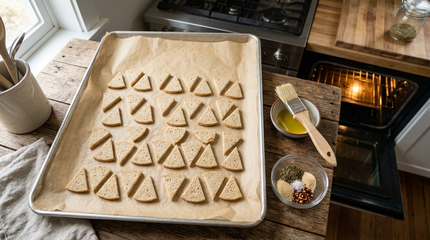 Low-carb bread triangles arranged in one layer for the first oven toasting step