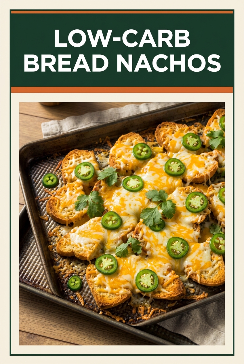 Low-Carb Bread Nachos Pinterest graphic with a loaded sheet pan