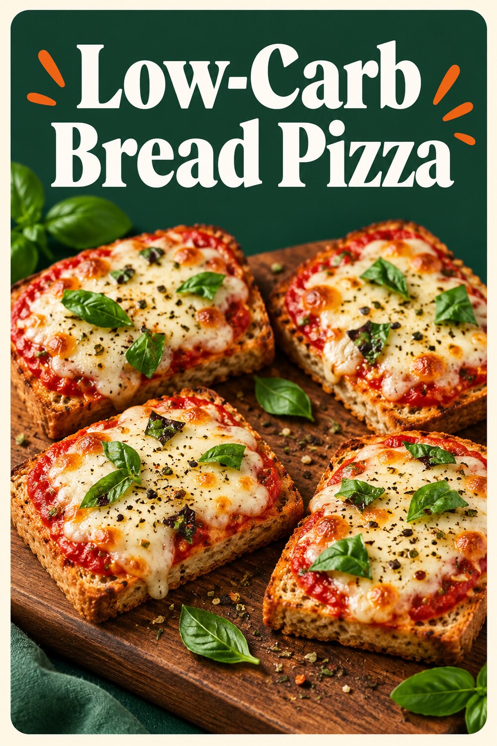 Low-Carb Bread Pizza pin showing four small pizzas on bread slices