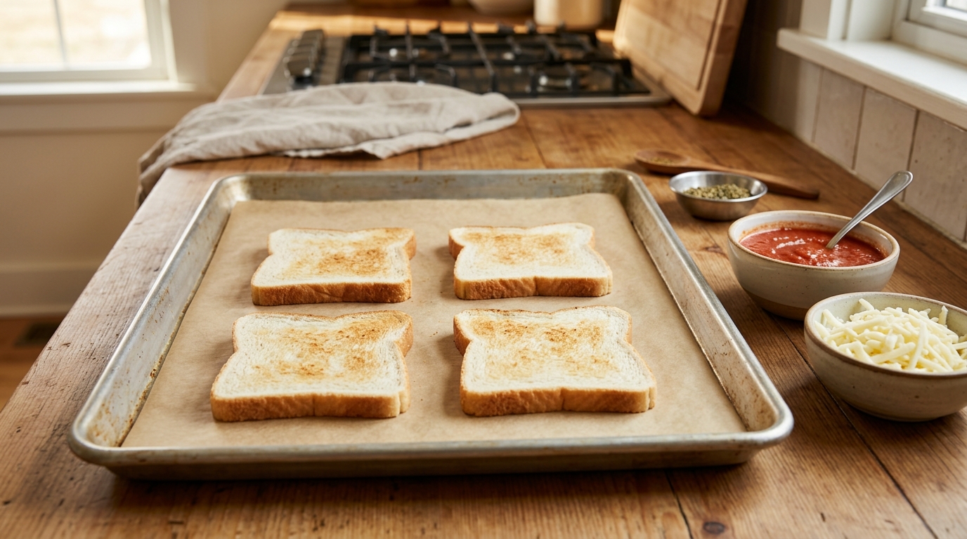 Bread slices lightly pre-toasted on a baking sheet before sauce and toppings