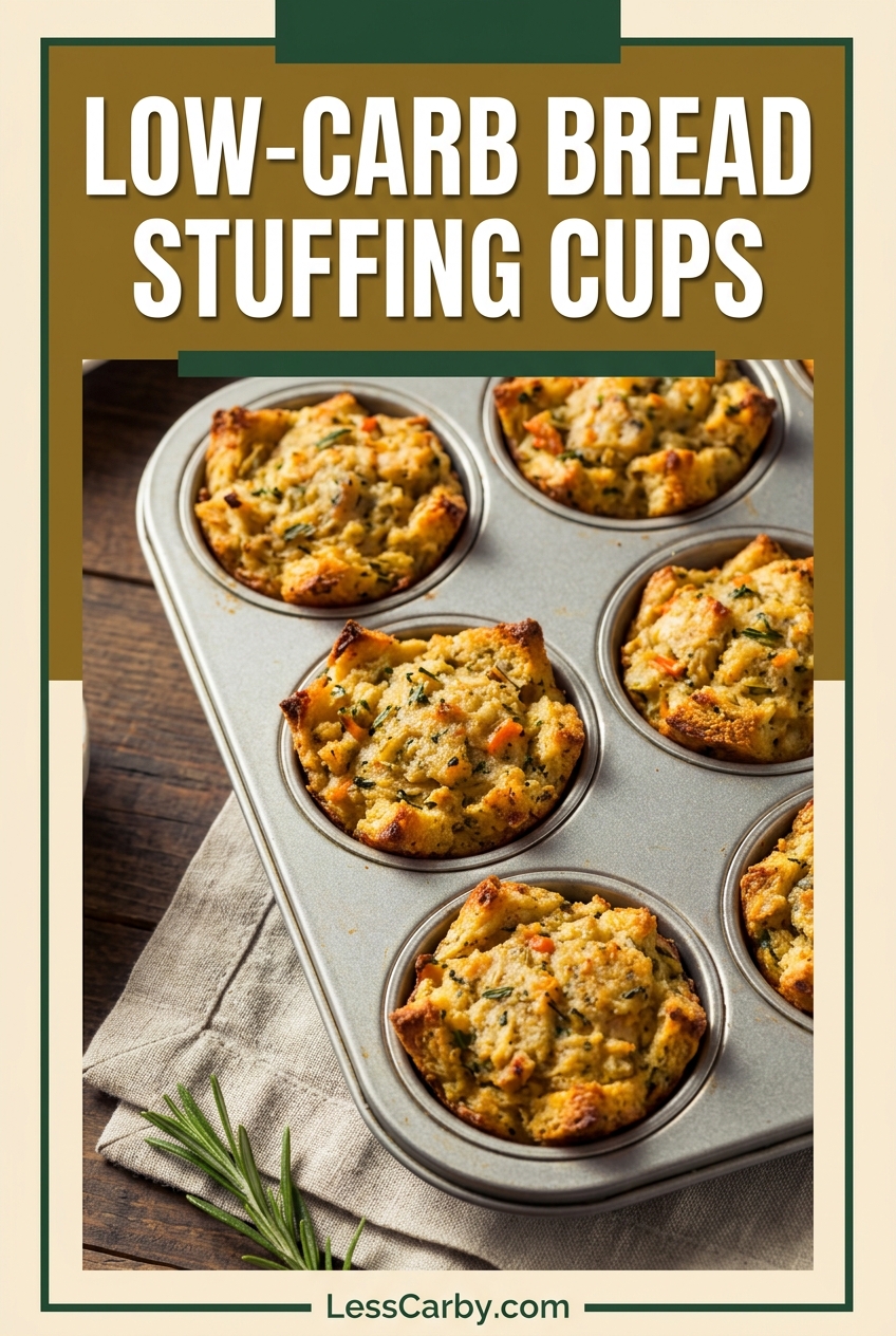 Pinterest graphic featuring golden low-carb bread stuffing cups with the headline Low-Carb Bread Stuffing Cups