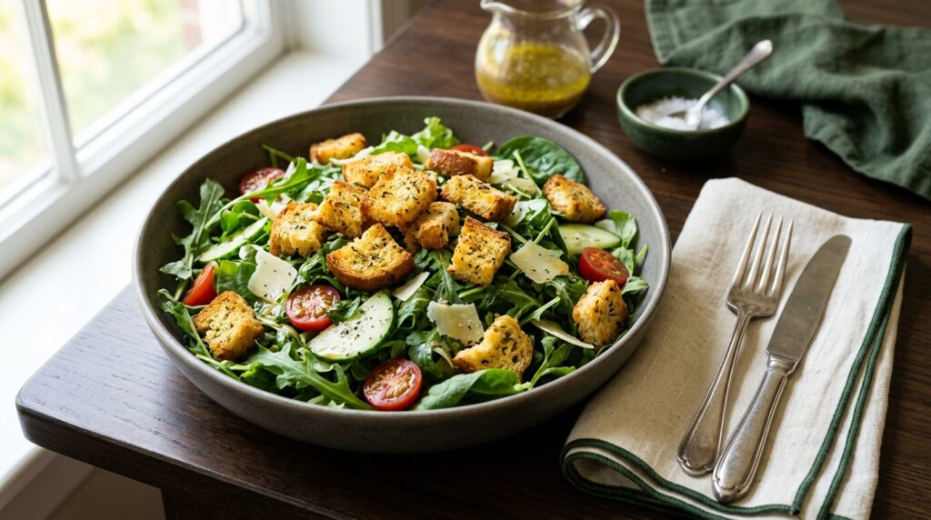Crisp low-carb bread croutons scattered over a fresh green salad