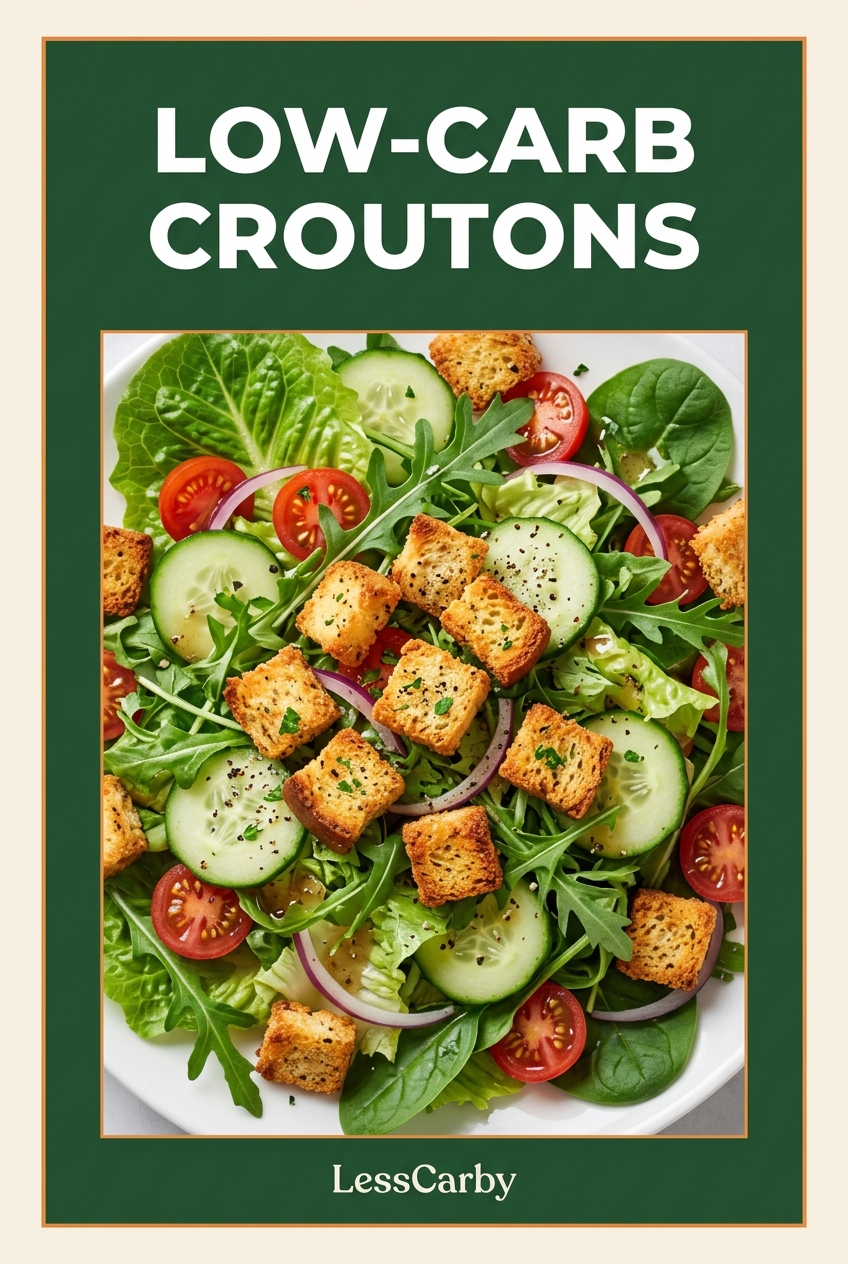 Pinterest graphic reading Low-Carb Croutons above a salad topped with crisp bread cubes