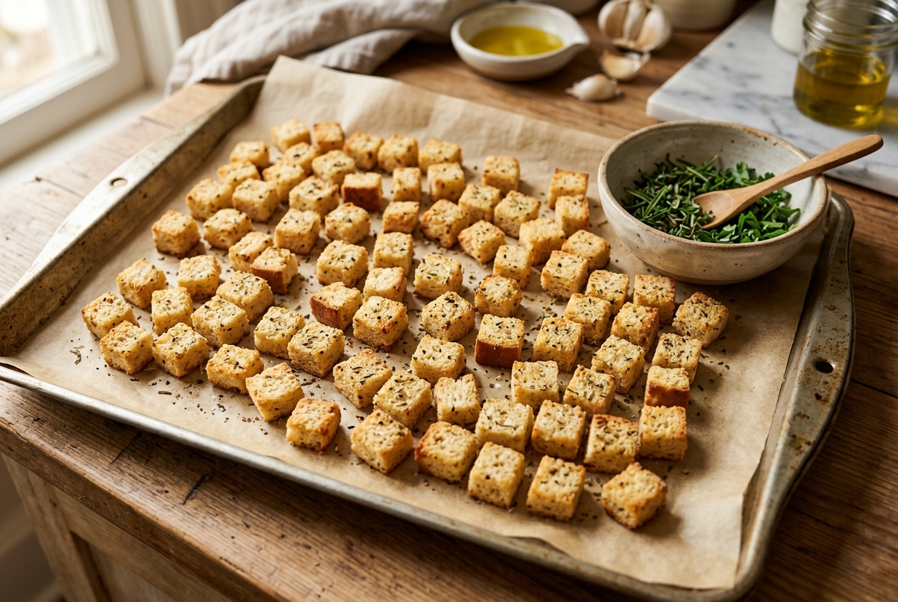 Seasoned low-carb bread cubes baking in a single layer on a sheet pan