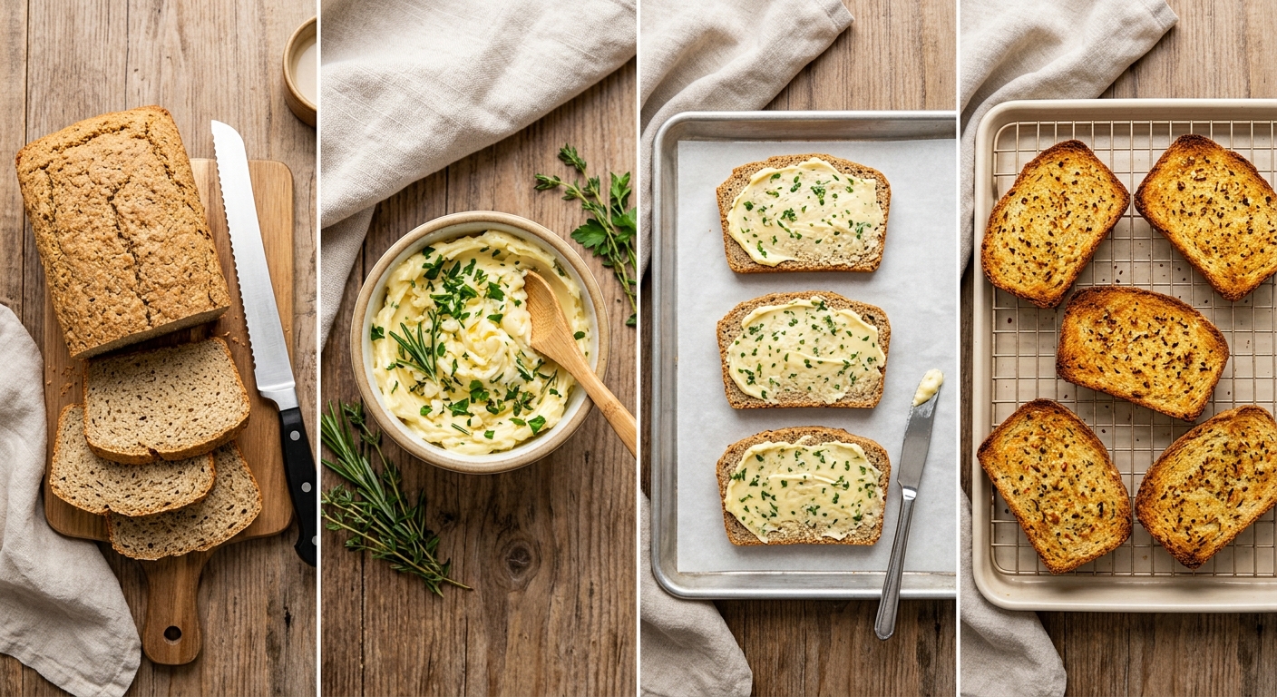 Overhead preparation sequence for crisp low-carb garlic bread
