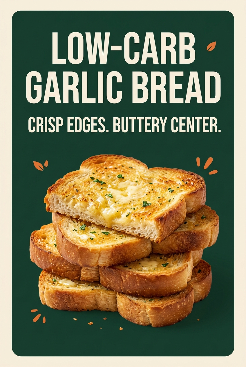 Pinterest graphic reading Low-Carb Garlic Bread, Crisp Edges, Buttery Center