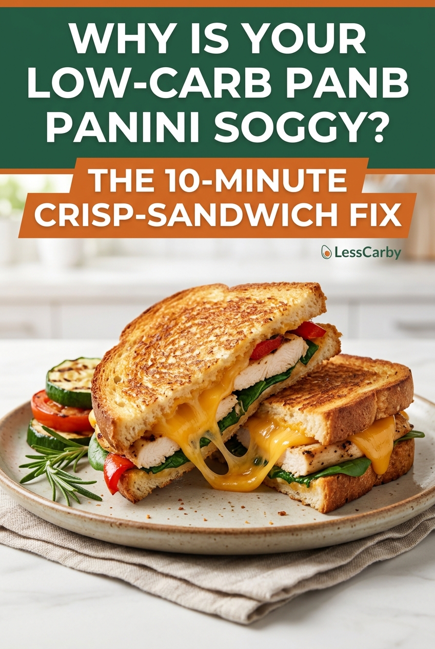 Pinterest graphic asking why a low-carb panini is soggy and offering a crisp sandwich solution