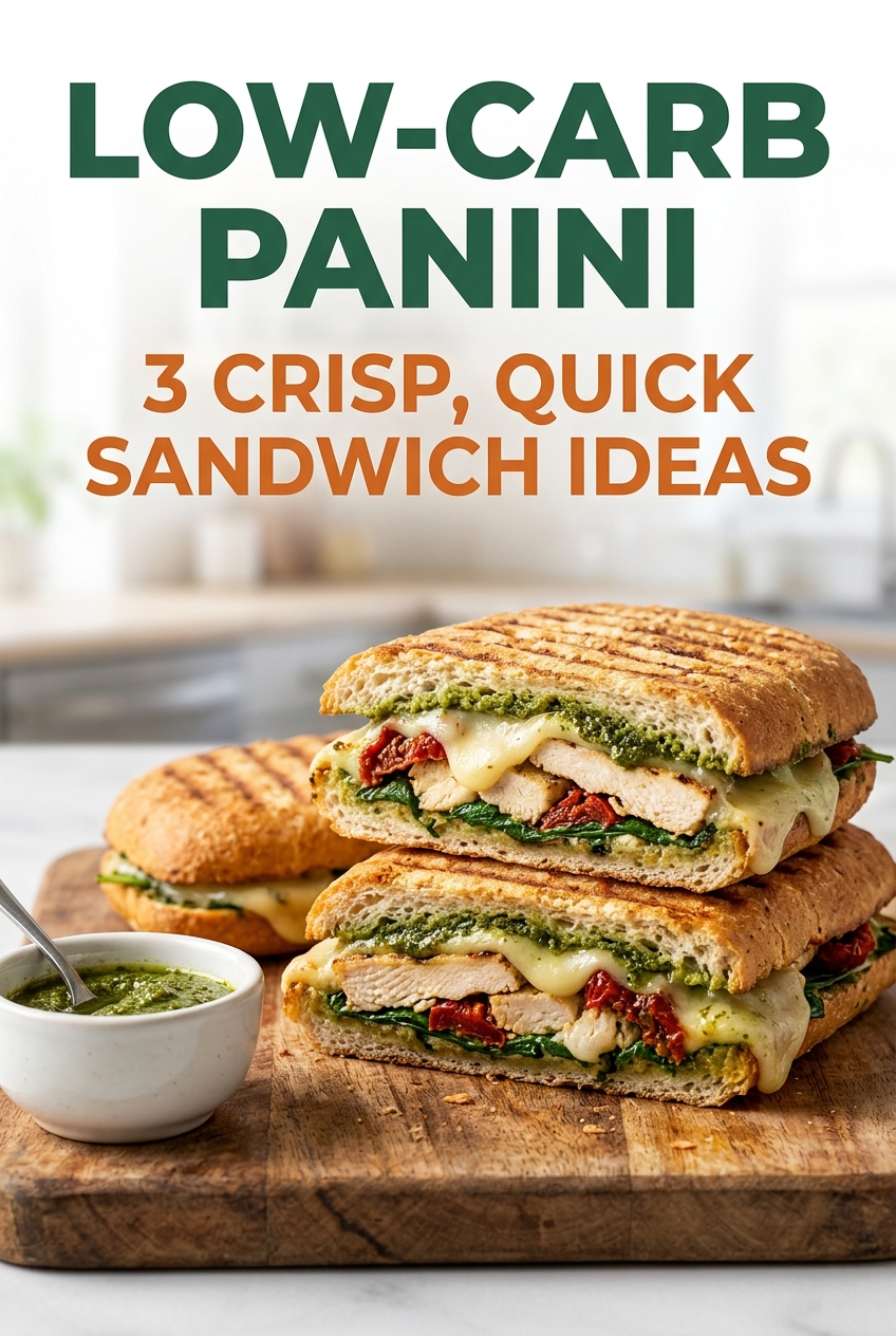 Pinterest graphic reading Low-Carb Panini: 3 Crisp, Quick Sandwich Ideas over a pressed sandwich