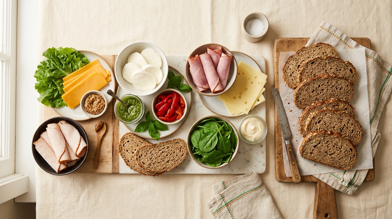 Turkey cheddar, mozzarella pepper, and ham Swiss low-carb panini ingredients arranged for assembly